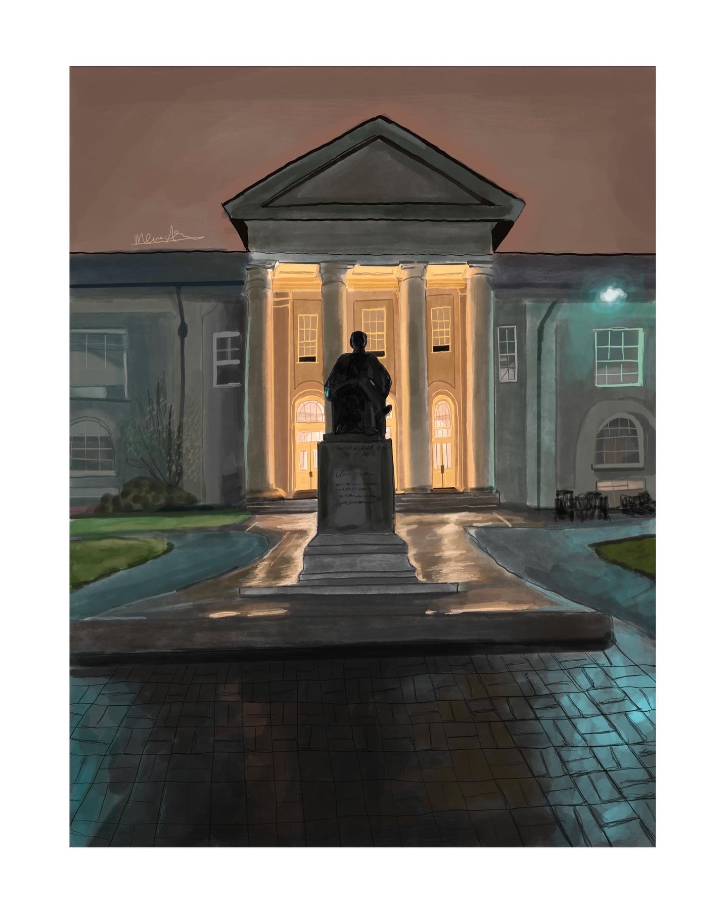 Rainy Night Walk on the Arts Quad. Procreate Digital Painting. October 8, 2022