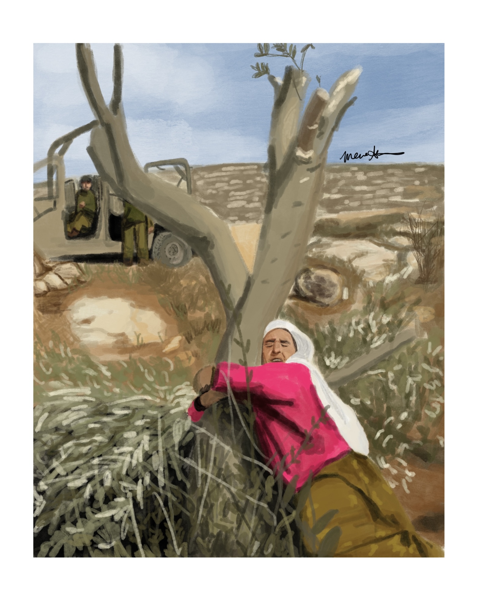 Palestinian Woman Attached to Olive Tree. Procreate Digital Painting. June 4, 2024